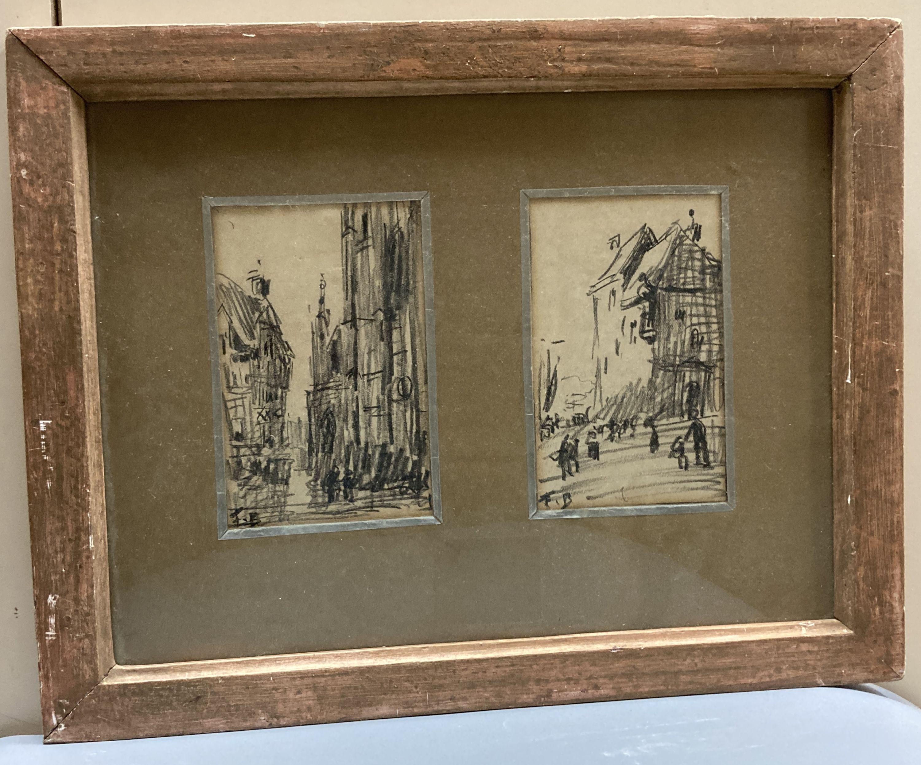 Frank Myers Boggs (1855-1926), 2 pencil sketches, Views of Caudebec and Honfleur, initialled, 11 x 7.5cm, framed as one